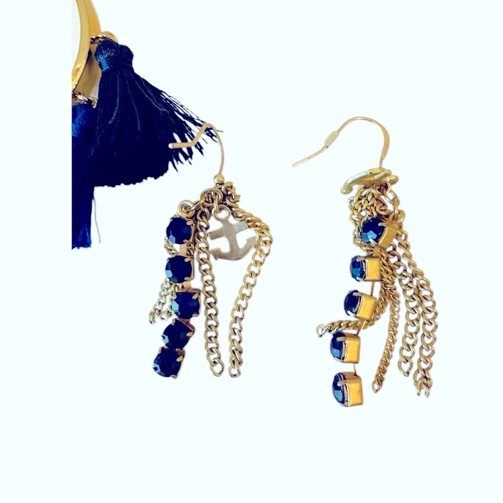 Mud Pie Tassel Bracelet Bangle Nautical Dangle Earrings Gold Blue Anchor Coastal